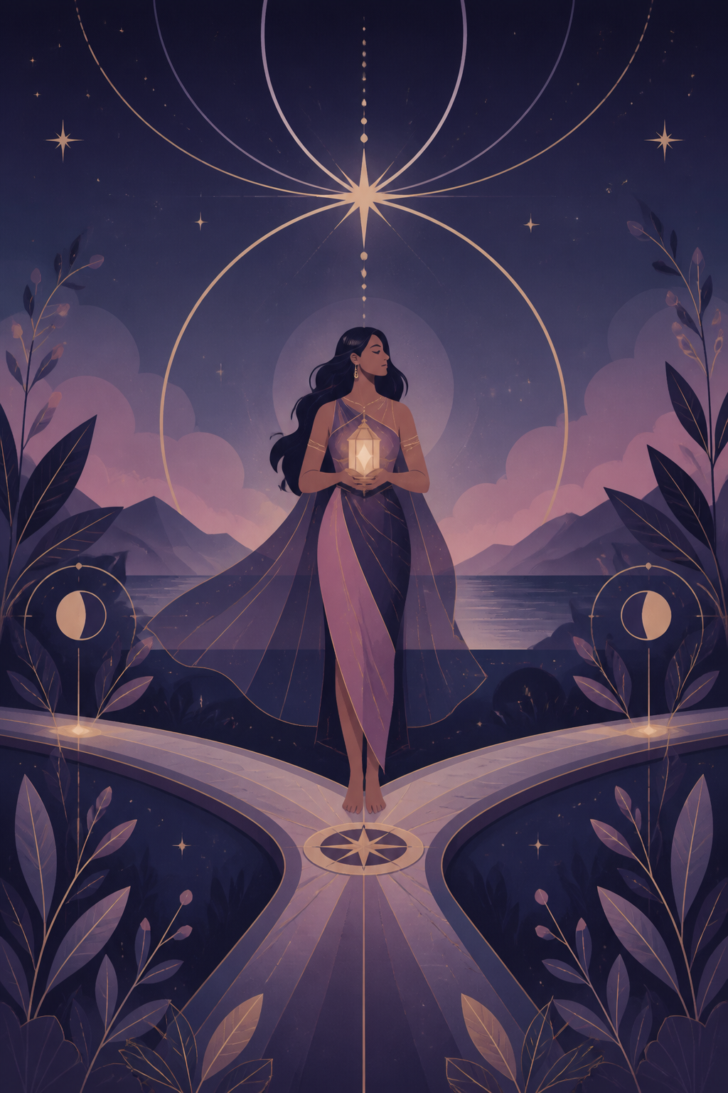 The Compass tarot card, illustrated in lilac and candle gold
